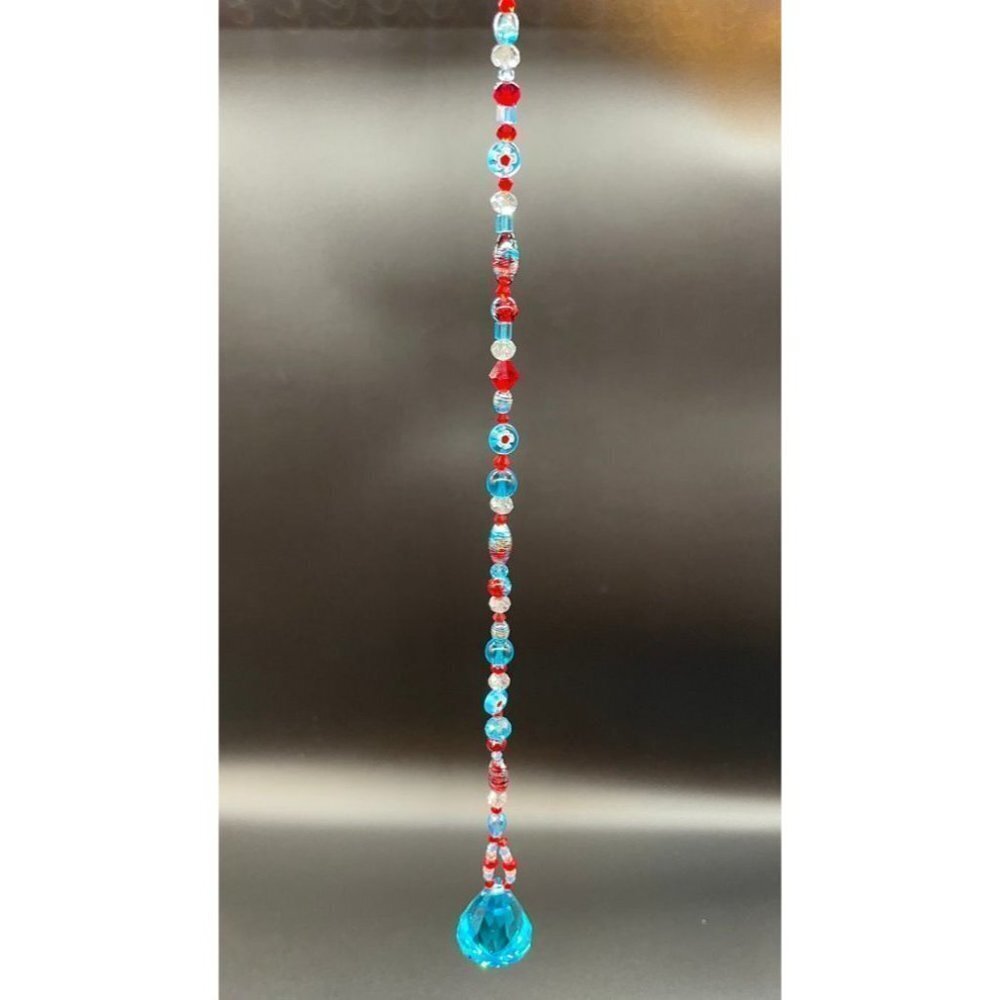 Beaded Suncatcher - Red Turquoise -Triangular Crystal Prism - Hanging Decor - Picture 7 of 16